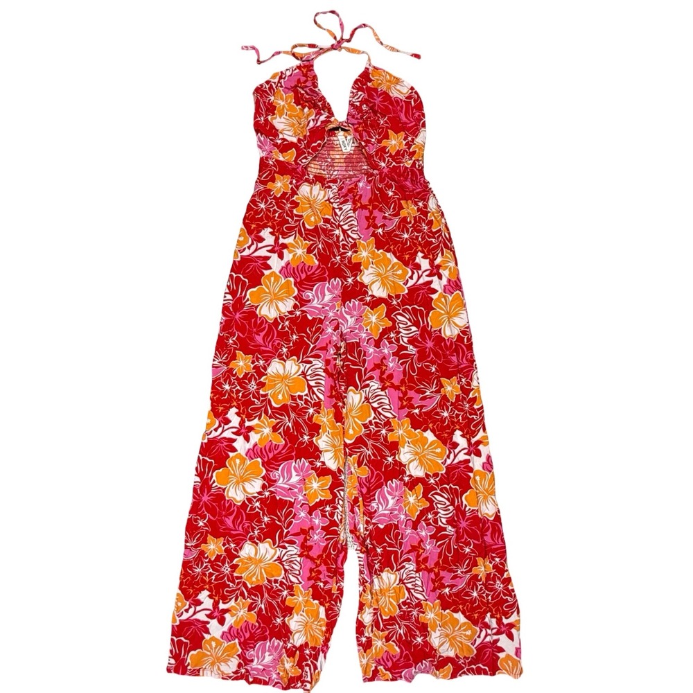 Roxy Floral Halter Jumpsuit Womens Large Wide Leg Tropical Beach Resort Pink